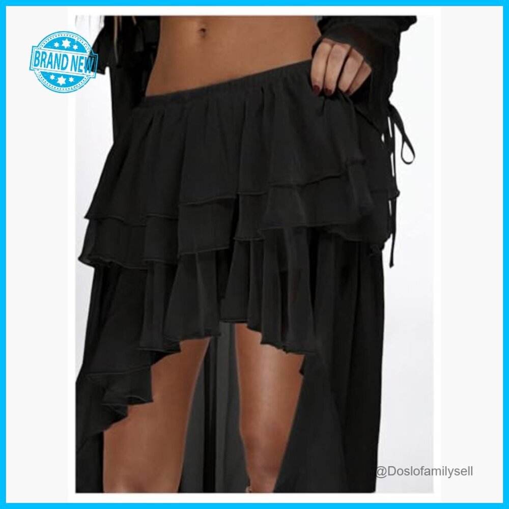 Boho Layered Ruffle Chiffon Maxi Skirt Y2K Elastic Cowgirl Western Asymmetrical - Picture 4 of 5